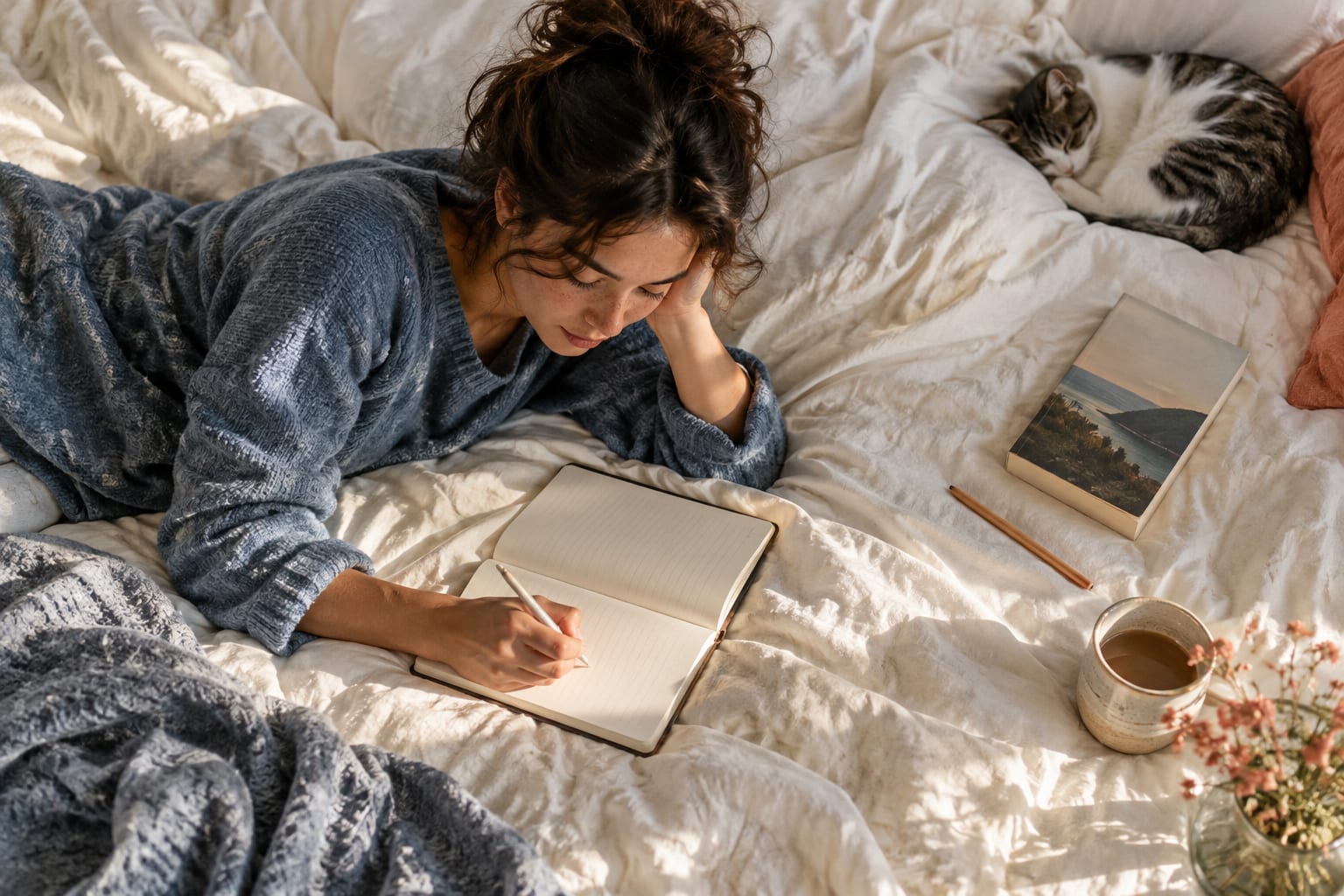 A person writing in a journal on a sunlit bed